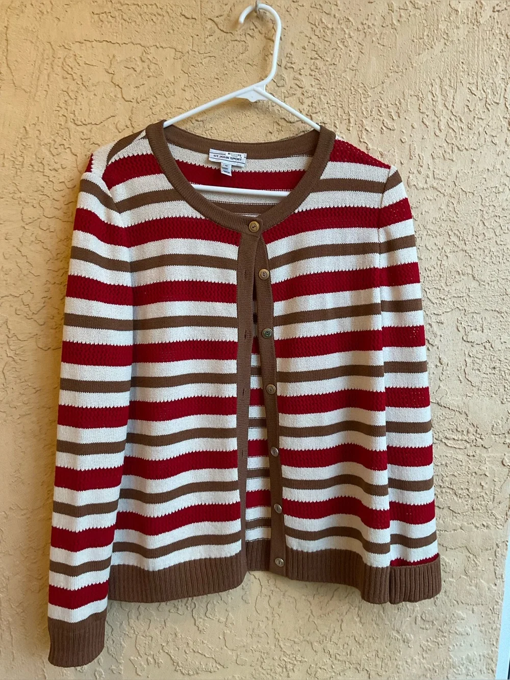 Vintage St. John Sport Striped Wool Blend Cardigan Sweater Red Ivory Camel MED - Picture 16 of 16